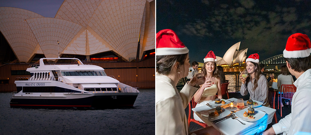 Collage of the ‘Magistic Two’ catamaran and people dining on the outer decks of Magistic dinner cruise