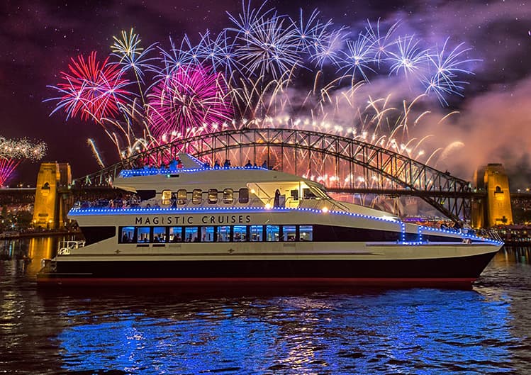 View the NYE fireworks and illuminated iconic attractions from the top deck of premium NYE Cruise
