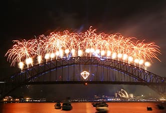 Sydney NYE fireworks show over the famous harbour as seen from the Magistic NYE cruise