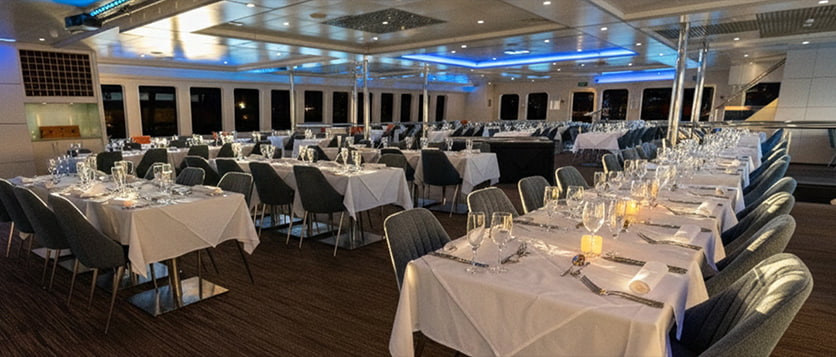 A Christmas party dinner on the Magistic offers exquisite views of the Opera House and Harbour Bridge